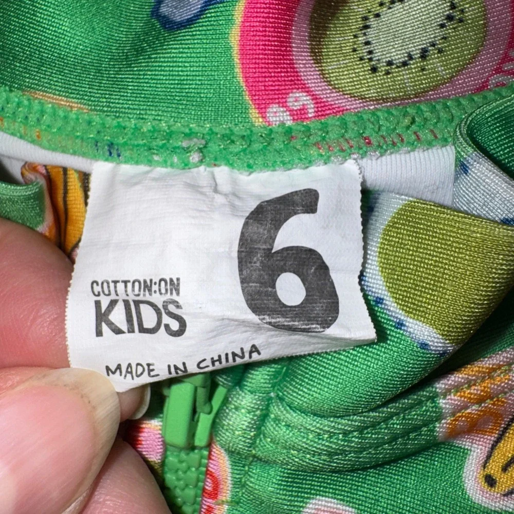 Cotton On Kids Swimsuit Set Girls 6 Green Red Fruit Gingham Long Sleeve 2pc
